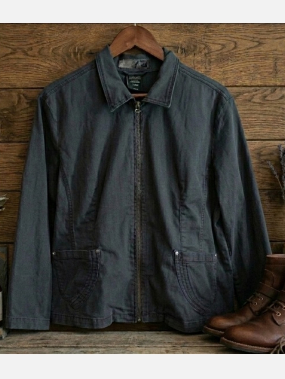 FDJ French Dressing Jeans Charcoal Gray Black Cotton Casual Zipper Front Jacket